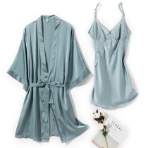 Sexy Solid Color Backless V-neck Lace Spliced Sling Dress + Robe Nightwear Set