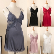 Sexy Backless V-neck Solid Color Lace Spliced Sling NIghtwear Dress