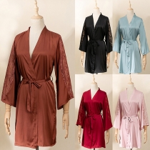Sexy Woman Thin Robe Lace V-neck Solid Color Long Sleeve Bathrobe Robe