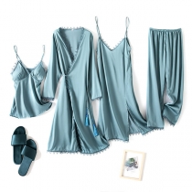 Sexy Solid Color Ultra-thin Nightwear Four-piece Set
