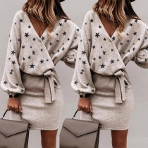 Casual Style Long Sleeve Star Printed V-neck Lace Up Dress