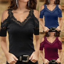 Sexy Off-shoulder V-neck Short Sleeve Lace Spliced Solid Color T-shirt