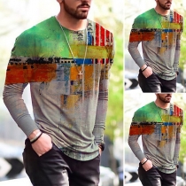 Fashion Long Sleeve Round Neck Colorful Graffiti Printed Man's T-shirt