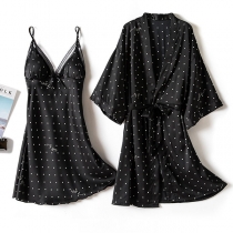 Sexy Dots Printed Sling Dress + Long Sleeve Robe Nightwear Two-piece Set