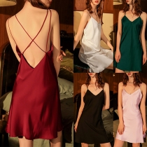 Sexy Backless V-neck Solid Color Sling Nightwear Dress
