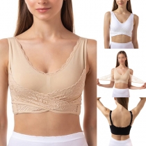 Sexy Backless Lace Spliced Solid Color Crossover Sports Bra