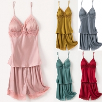 Sexy Backless V-neck Lace Spliced Sling Top + Shorts Nightwear Two-piece Set