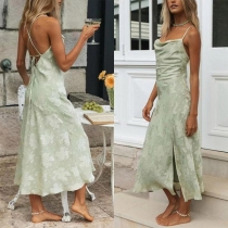 Sexy Backless Cowl Neck Slit Hem Printed Sling Dress