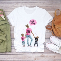 Cute Cartoon Figure Printed Short Sleeve Round Neck Women's Mother's T-shirt
