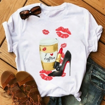 Hip-hop Style Heels Lipstick KISS Printed  Short Sleeve Round Neck Casual T-shirt