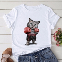 Cute Cat Printed Short Sleeve Round Neck Casual T-shirt