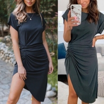 Fashion Solid Color Short Sleeve Round Neck Irregular Hem Dress
