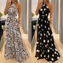 Sexy Off-shoulder High Waist Dots/Leopard Printed Halter Maxi Dress