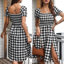 Fashion Short Sleeve Square Collar High Waist Plaid Dress