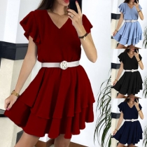 Sweet Style Lotus Sleeve V-neck Dual-layer Hem Solid Color Dress