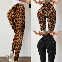 Fashion Lace-up Bow-knot High Waist Leopard Printed Stretch Leggings