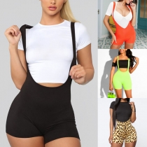 Fashion Solid Color High Waist Slim Fit Sling Shorts Overalls