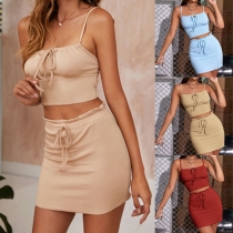 Sexy Backless Solid Color Sling Crop Top + High Waist Skirt Two-piece Set