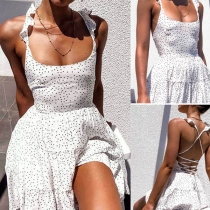 Sexy Backless Ruffle Hem Dots Printed Sling Dress