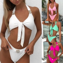 Sexy Low-waist Solid Color Knotted Rhinestone Inlaid Halter Bikini Set