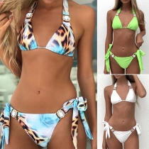 Sexy Low-waist Rhinestone Inlaid Halter Bikini Set