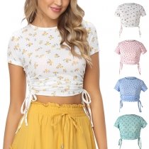 Fashion Short Sleeve Round Neck Side-drawstring Printed Crop Top