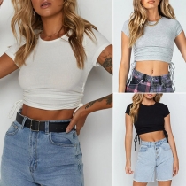 Chic Style Short Sleeve Round Neck Side-drawstring Solid Color Crop Top