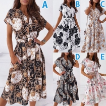 Retro Style Short Sleeve V-neck High Waist Lace-up Printed Dress
