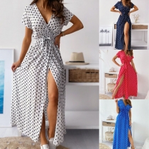 Sexy V-neck Slit Hem High Waist Short Sleeve Dots Printed Maxi Dress