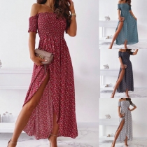 Sexy Off-shoulder Boat Neck Short Sleeve Slit Hem High Waist Printed Dress