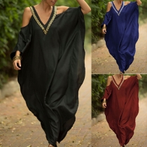 Sexy Off-shoulder V-neck Dolman Sleeve Embroidery Spliced Loose Dress