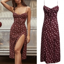 Sexy Backless V-neck Slit Hem High Waist Slim Fit Printed Sling Dress