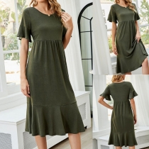 Sweet Style Short Sleeve Round Neck Ruffle Hem Solid Color Dress