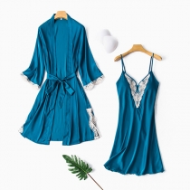 Sexy Lace Spliced V-neck Sling Dress + Long Sleeve Robe Nightwear Set