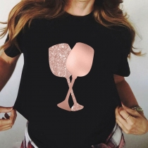 Chic Style Short Sleeve Round Neck Wine Glass Printed Pattern T-shirt
