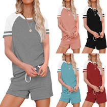 Fashion Contrast Color Short Sleeve T-shirt + Shorts Home-wear Two-piece Set