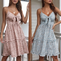 Sexy Backless V-neck High Waist Knotted Sling Printed Dress