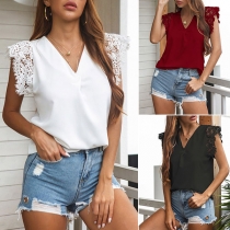 Fashion Lace Spliced Sleeveless V-neck Solid Color Loose Top