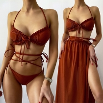Sexy Solid Color Ruffle Bikini Set + Slit Hem SKirt Three-piece Set