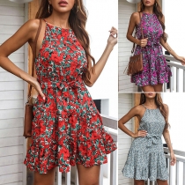 Sexy Off-shoulder High Waist Ruffle Hem Printed Sling Dress