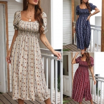 Sweet Style Puff Sleeve Square Collar High Waist Slit Hem Printed Dress