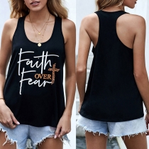 Casual Style Sleeveless Round Neck Letters Printed Loose Tank Top