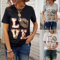 Casual Style Leopard Spliced Letters Printed Short Sleeve Round Neck T-shirt