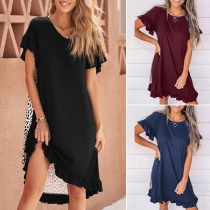 Sweet Style Lotus Sleeve Round Neck High-low Ruffle Hem Leopard Printed Loose Dress