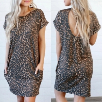 Fashion Leopard Printed Short Sleeve Round Neck Loose Dress