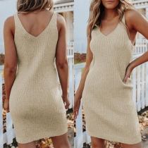 Sexy Backless Sleeveless V-neck Solid Color Slim Fit Knit Dress