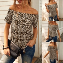 Sexy Off-shoulder Boat Neck Short Sleeve Leopard Printed T-shirt
