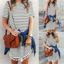Fashion Short Sleeve Round Neck Irregular Tassel Hem Stripe Dress
