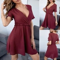 Sexy Wine Red Dress in V-neck with Ruffle Short Sleeve and Waistline