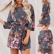 Casual Floral Printed Dress with Half-sleeve and Round Neckline